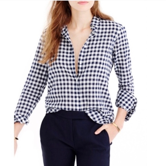 J. Crew Tops - J. Crew Gingham Crinkle Boy Shirt Navy Blue White J. Crew Tops - J. Crew Gingham Crinkle Boy Shirt Navy Blue White